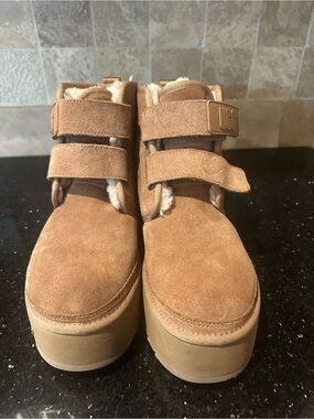 UGG Chestnut Suede Shearling Strap Platform Sneakers